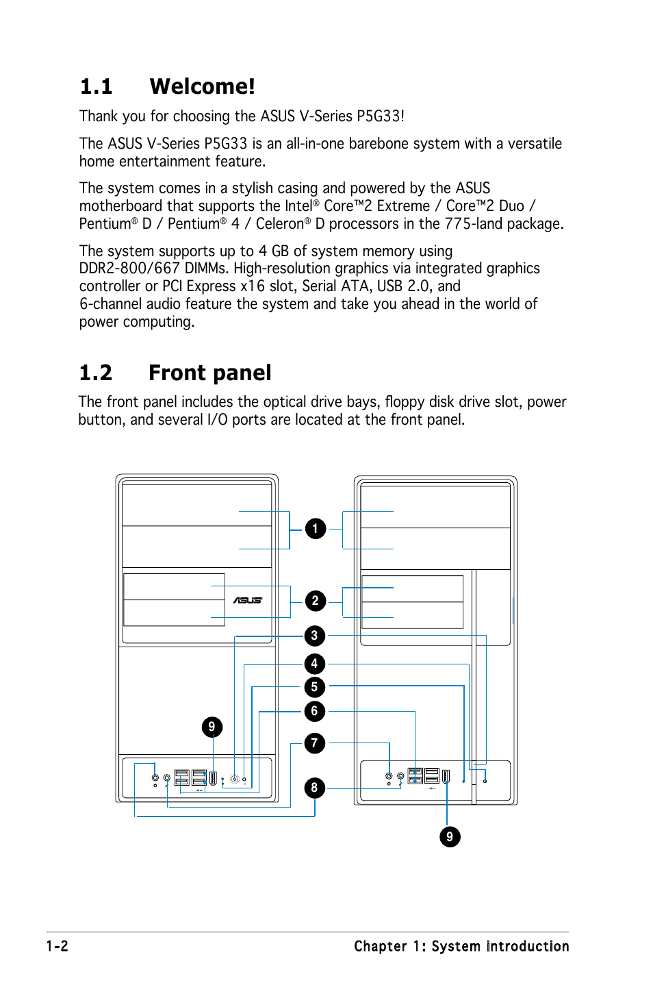 1 welcome, 2 front panel | Asus V3-P5G33 User Manual | Page 12 / 103