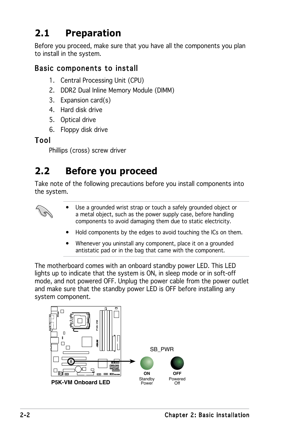 1 preparation, 2 before you proceed, Basic components to install | Tool | Asus V3-P5G33 User Manual | Page 20 / 103