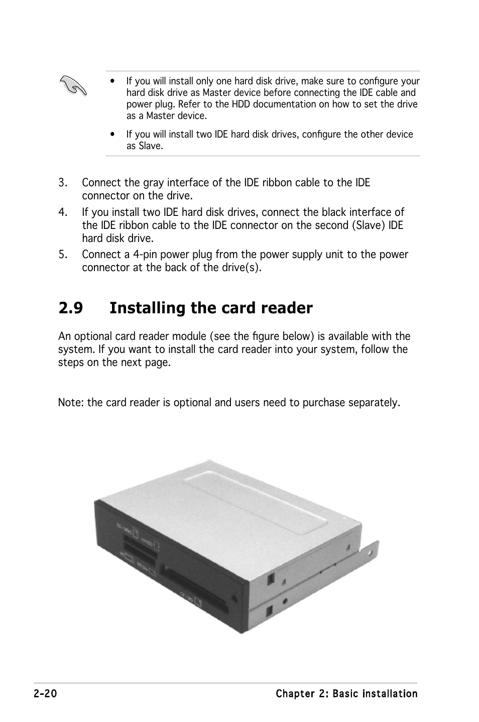 9 installing the card reader | Asus V3-P5G33 User Manual | Page 38 / 103