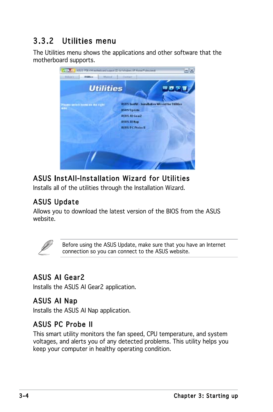 2 utilities menu | Asus V3-P5G33 User Manual | Page 46 / 103