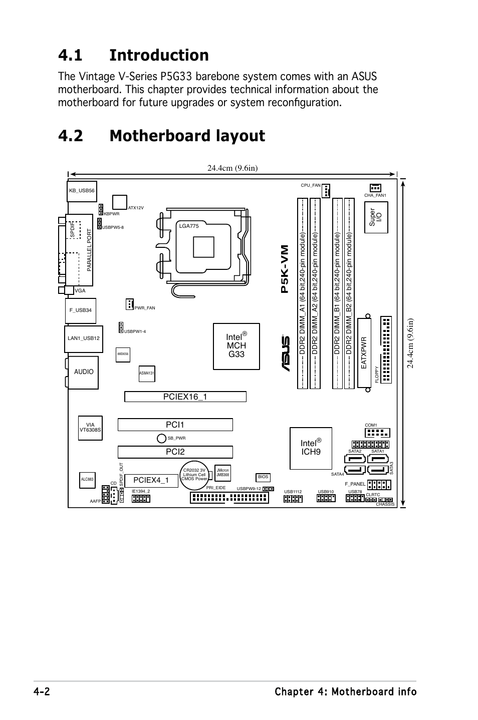 1 introduction, 2 motherboard layout, 2 chapter 4: motherboard info | P5k-vm, Intel, Ich9, Pci2 | Asus V3-P5G33 User Manual | Page 58 / 103