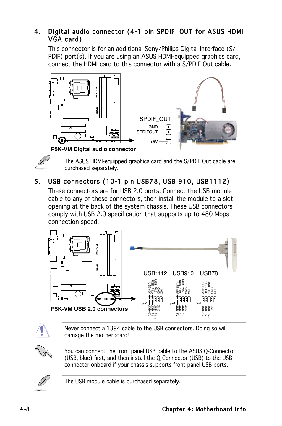 8 chapter 4: motherboard info, Usb910, Usb78 | P5k-vm digital audio connector, Spdif_out | Asus V3-P5G33 User Manual | Page 64 / 103