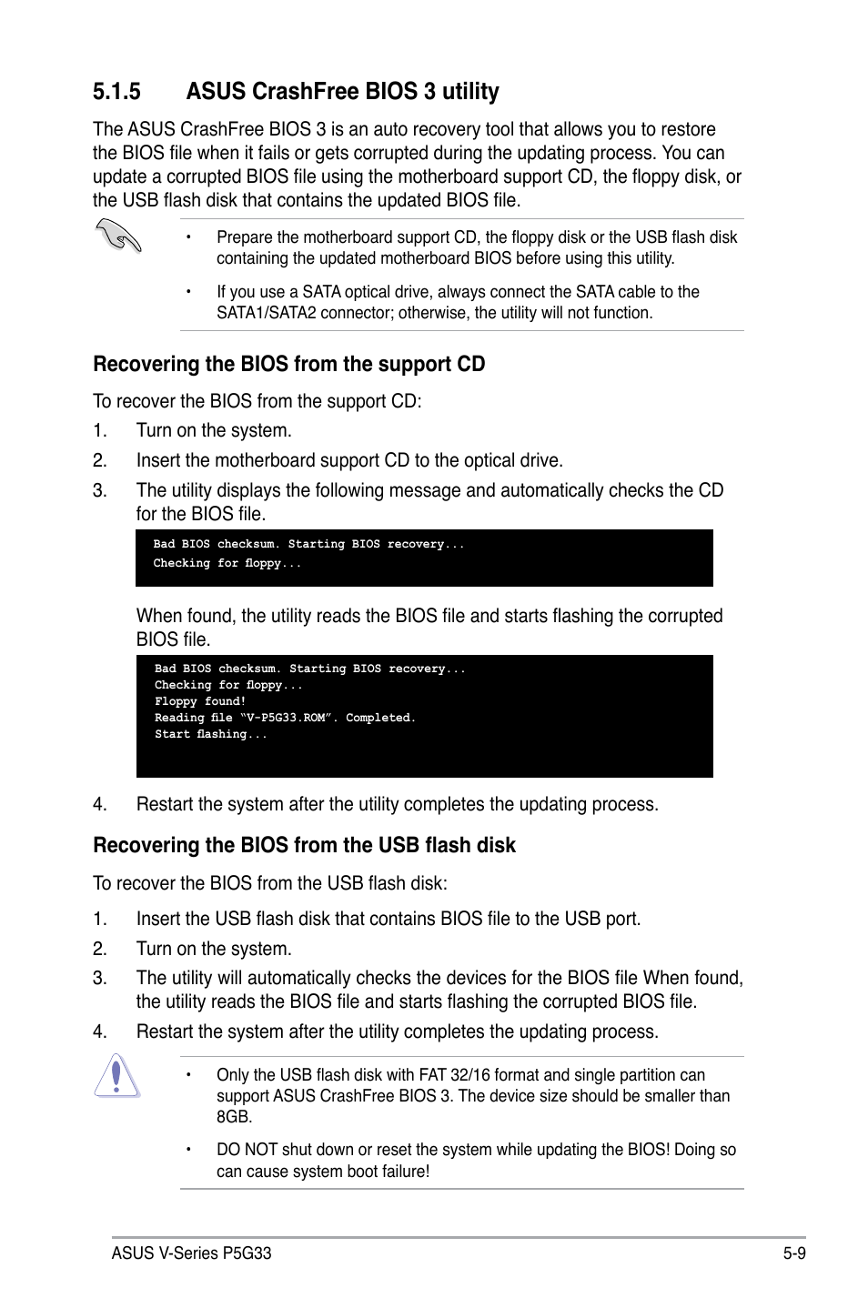 5 asus crashfree bios 3 utility, Recovering the bios from the support cd, Recovering the bios from the usb flash disk | Asus V3-P5G33 User Manual | Page 78 / 103