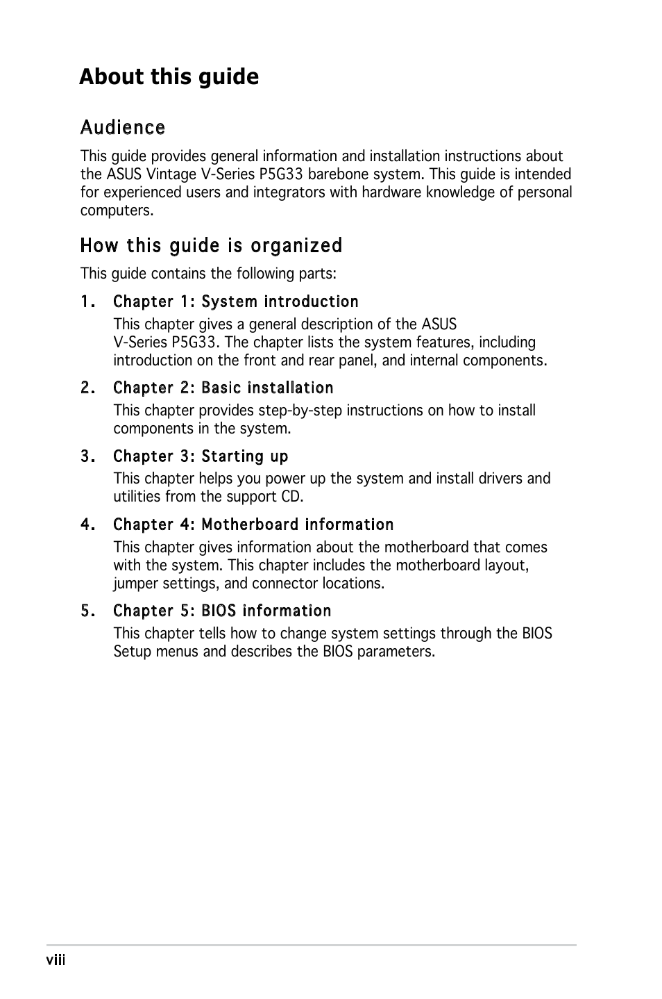 About this guide, Audience, How this guide is organized | Asus V3-P5G33 User Manual | Page 8 / 103