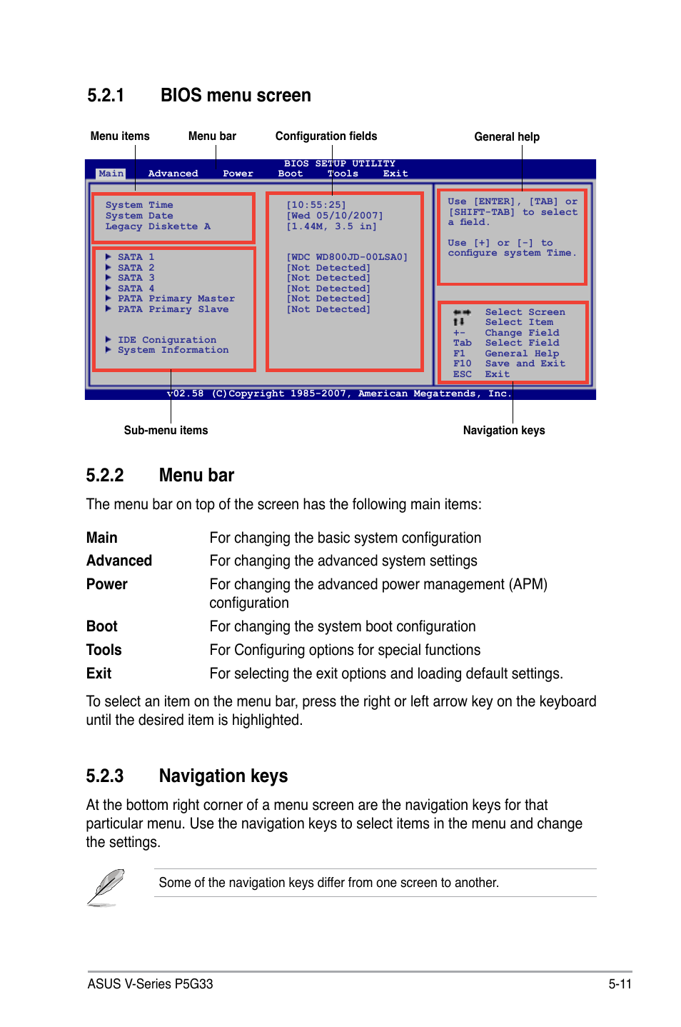 2 menu bar, 3 navigation keys, 1 bios menu screen | Asus V3-P5G33 User Manual | Page 80 / 103