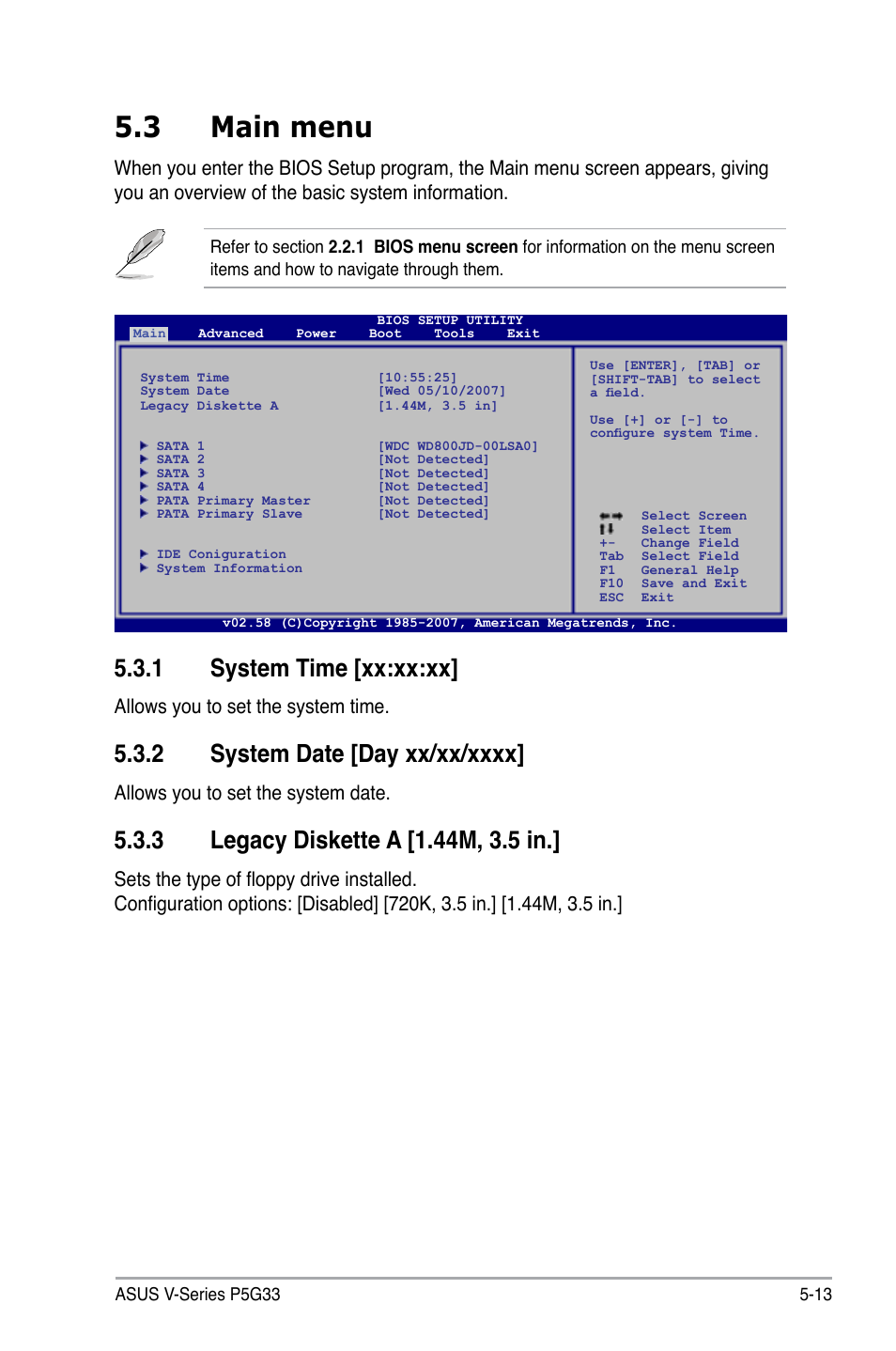 3 main menu, 1 system time [xx:xx:xx, Allows you to set the system time | Allows you to set the system date | Asus V3-P5G33 User Manual | Page 82 / 103