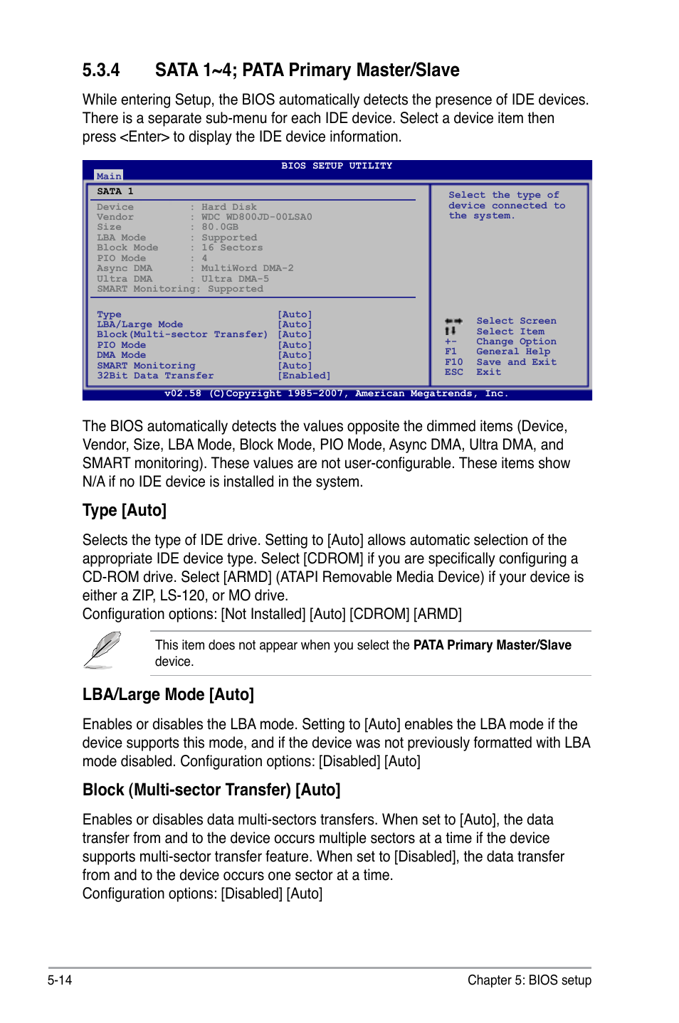 4 sata 1~4; pata primary master/slave, Type [auto, Lba/large mode [auto | Block (multi-sector transfer) [auto | Asus V3-P5G33 User Manual | Page 83 / 103