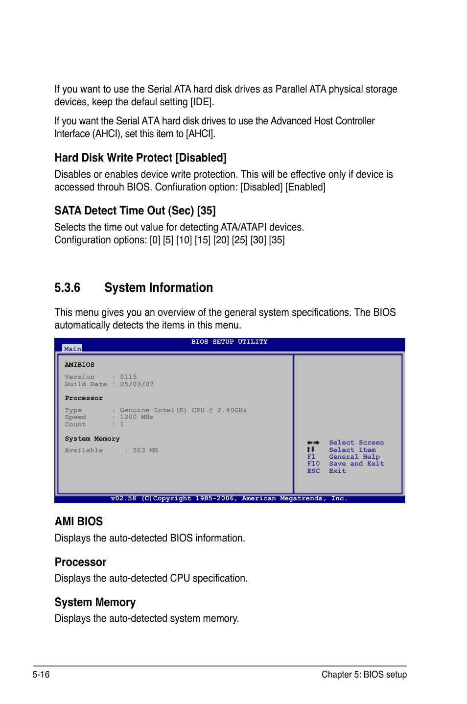 6 system information, Ami bios, Processor | Hard disk write protect [disabled, Sata detect time out (sec) [35 | Asus V3-P5G33 User Manual | Page 85 / 103