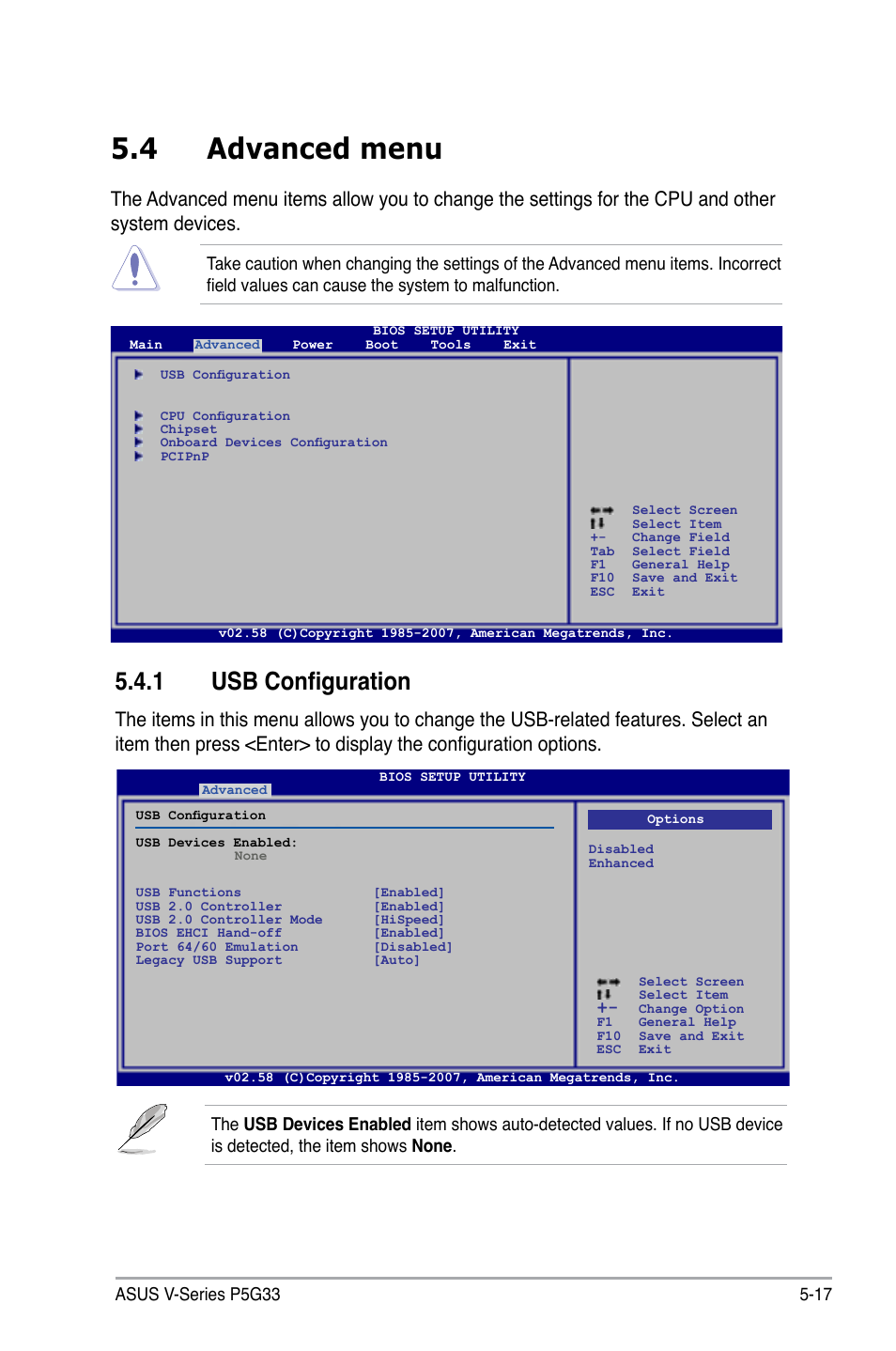 4 advanced menu, 1 usb configuration | Asus V3-P5G33 User Manual | Page 86 / 103