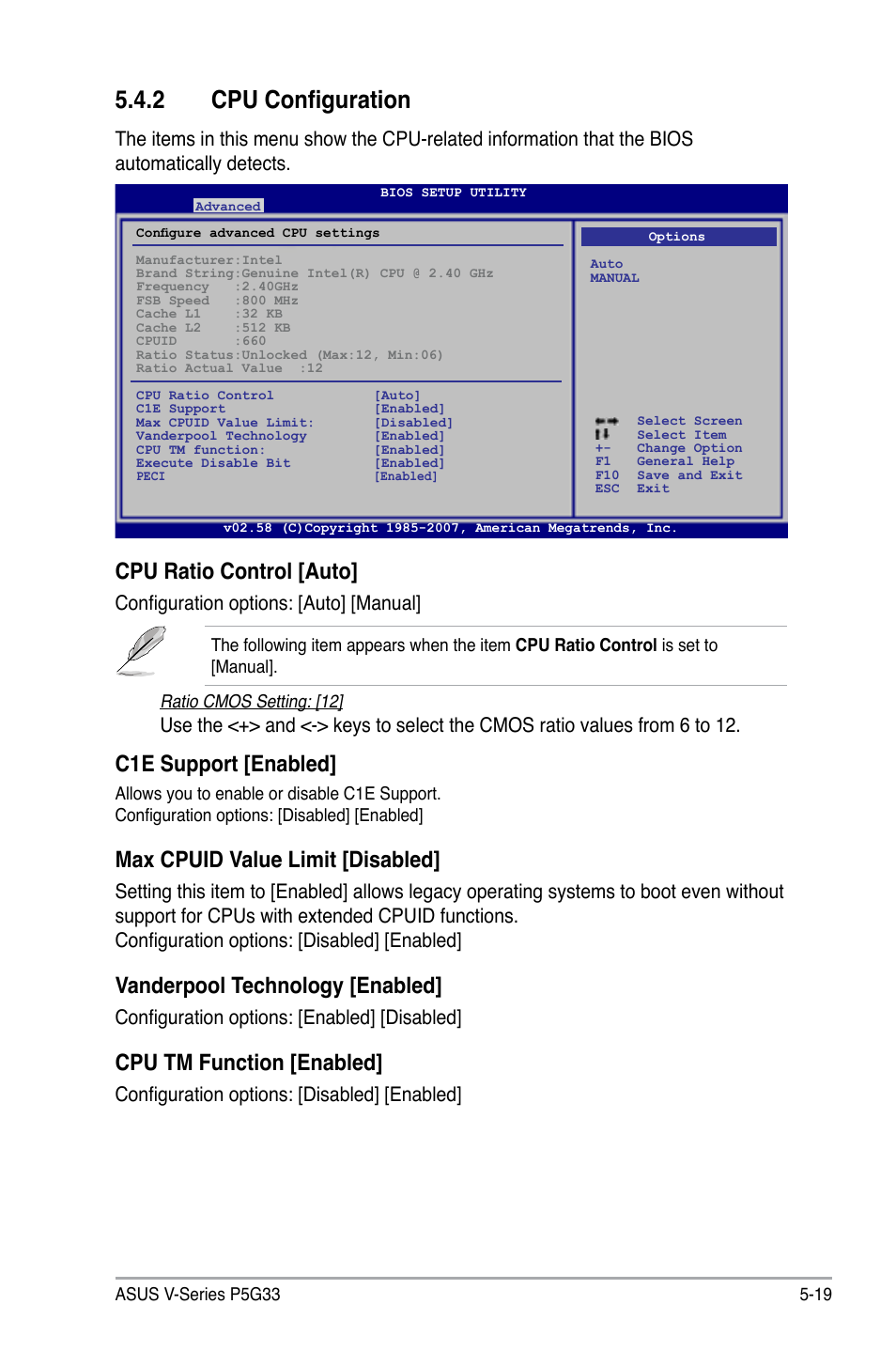 2 cpu configuration, Cpu ratio control [auto, C1e support [enabled | Max cpuid value limit [disabled, Vanderpool technology [enabled, Cpu tm function [enabled, Configuration options: [auto] [manual, Configuration options: [enabled] [disabled, Configuration options: [disabled] [enabled | Asus V3-P5G33 User Manual | Page 88 / 103