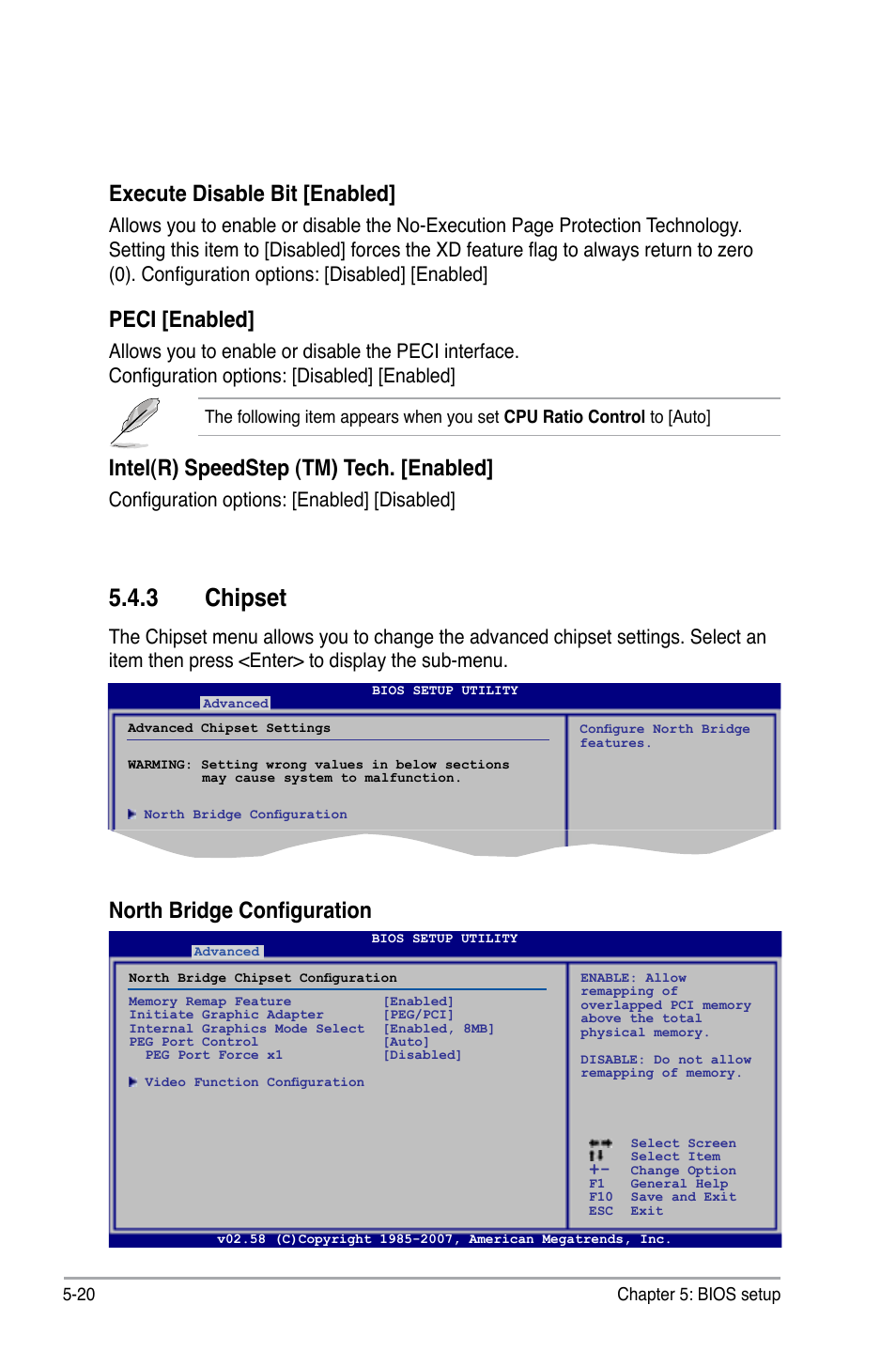 3 chipset, Execute disable bit [enabled, Peci [enabled | Intel(r) speedstep (tm) tech. [enabled, North bridge configuration, Configuration options: [enabled] [disabled | Asus V3-P5G33 User Manual | Page 89 / 103