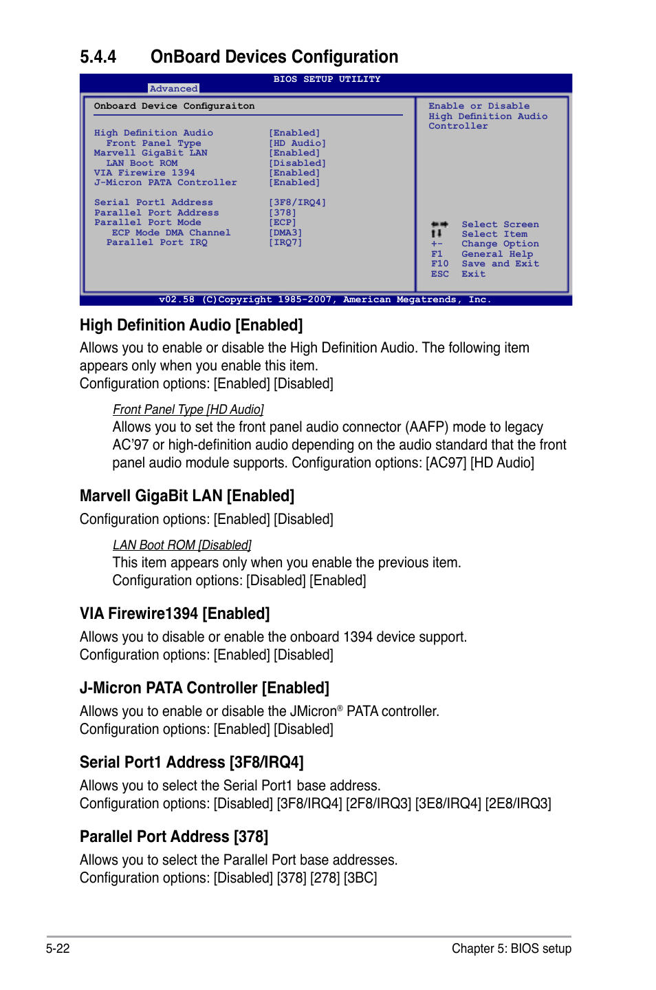 4 onboard devices configuration, High definition audio [enabled, Marvell gigabit lan [enabled | Via firewire1394 [enabled, J-micron pata controller [enabled, Serial port1 address [3f8/irq4, Parallel port address [378, Configuration options: [enabled] [disabled, Allows you to enable or disable the jmicron | Asus V3-P5G33 User Manual | Page 91 / 103