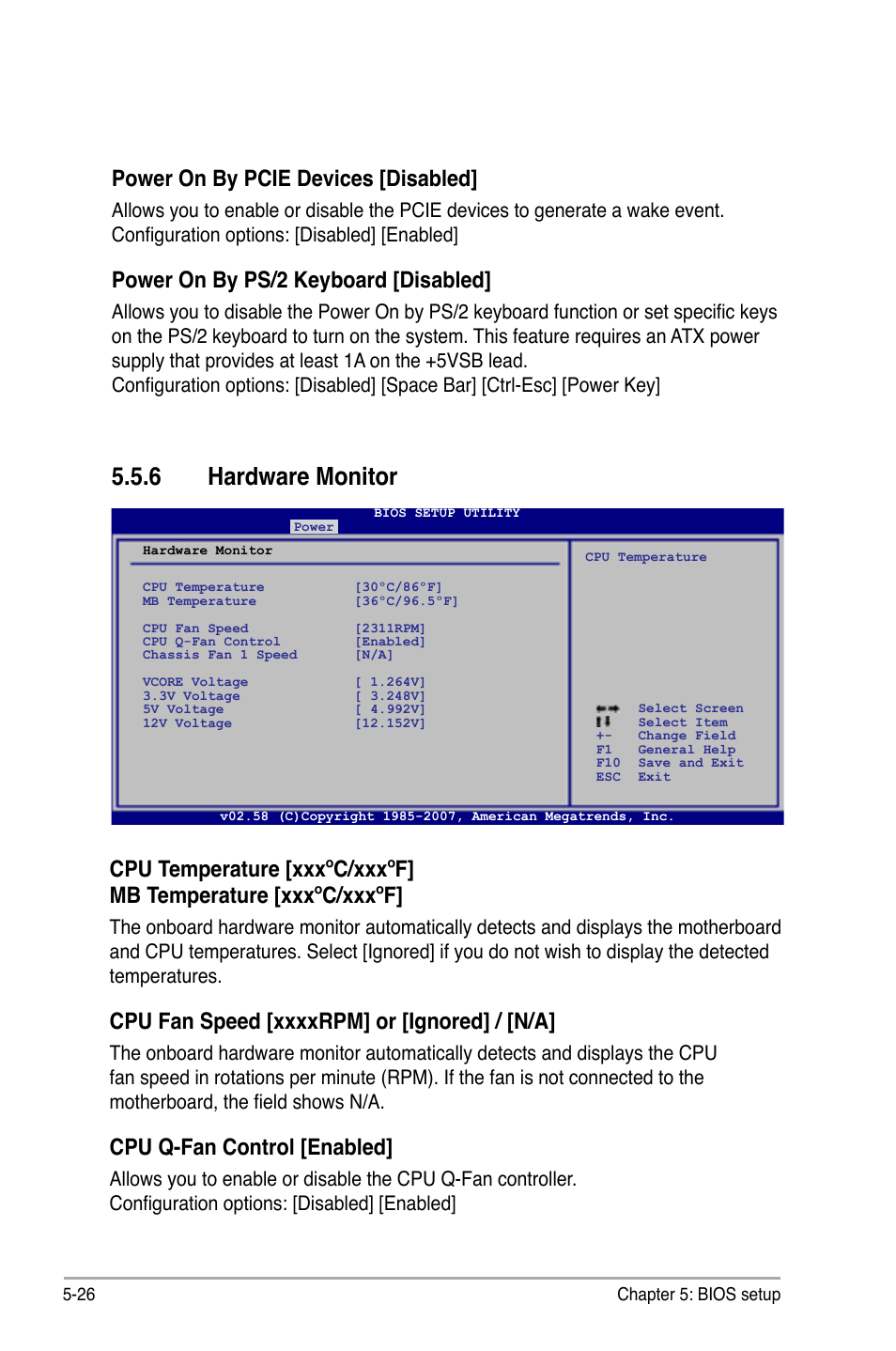 6 hardware monitor, Cpu q-fan control [enabled, Power on by pcie devices [disabled | Power on by ps/2 keyboard [disabled | Asus V3-P5G33 User Manual | Page 95 / 103