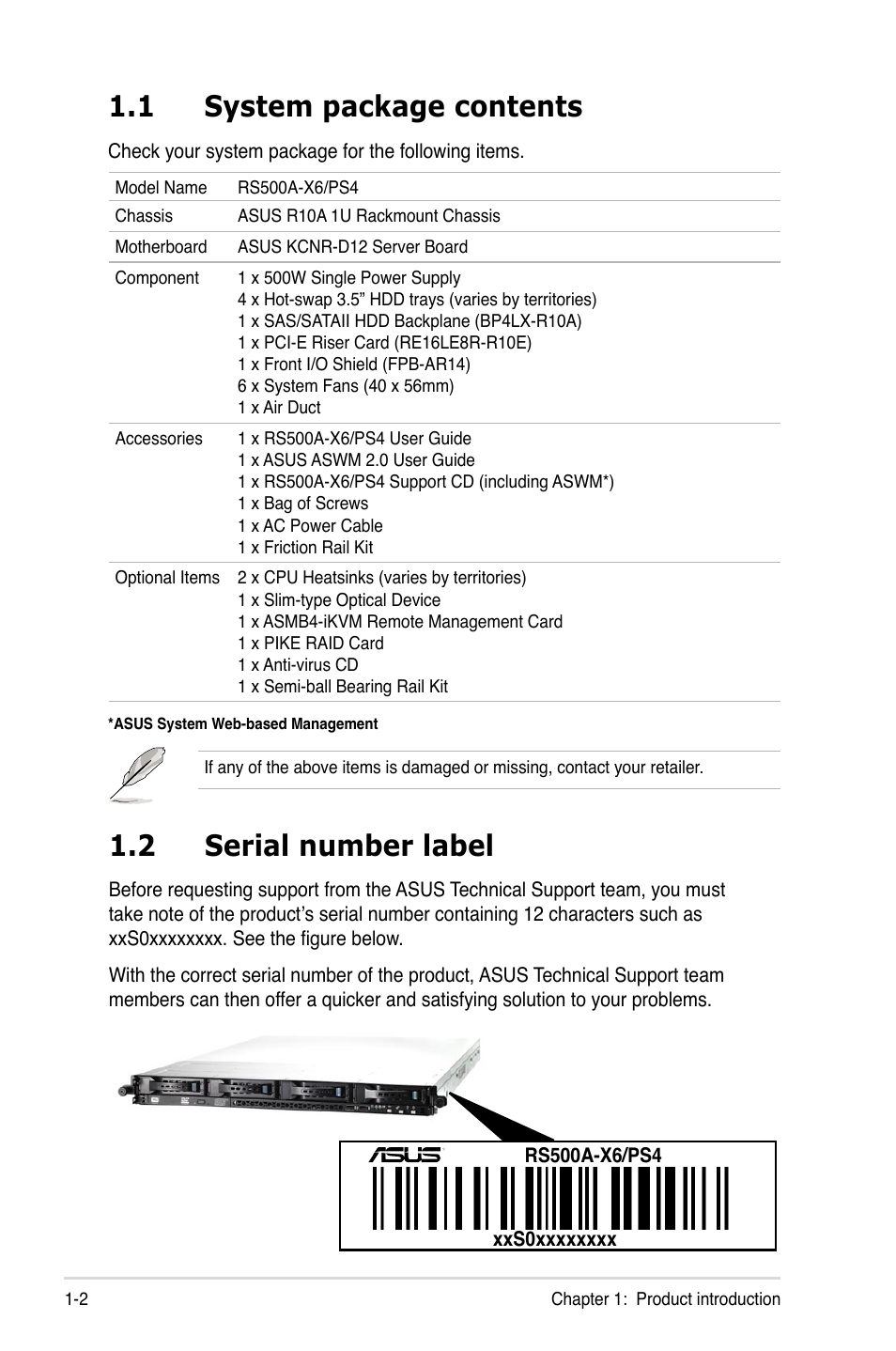1 system package contents, 2 serial number label, System package contents -2 | Serial number label -2 | Asus RS500A-X6/PS4 User Manual | Page 12 / 146