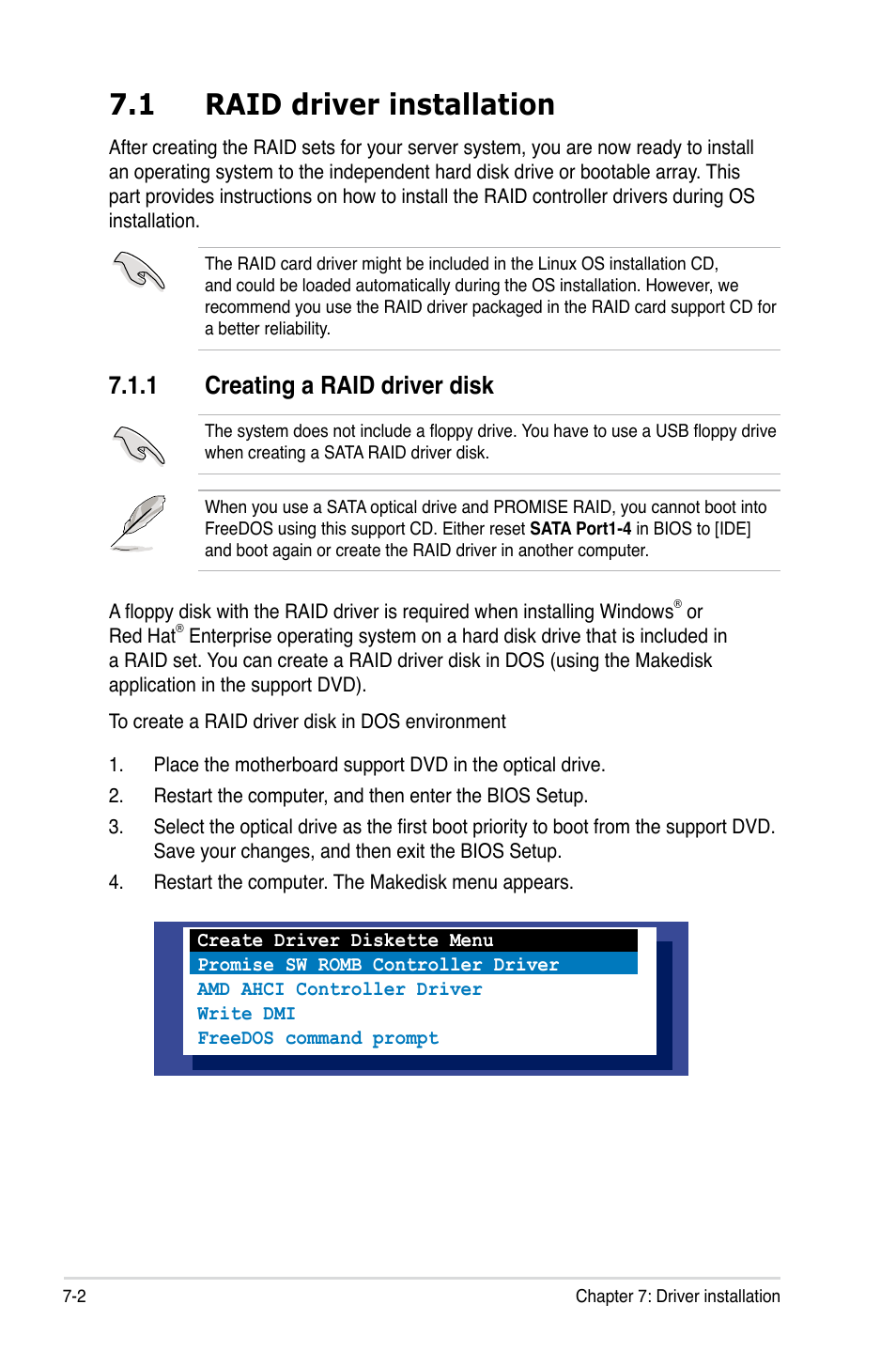 1 raid driver installation, 1 creating a raid driver disk, Raid driver installation -2 7.1.1 | Creating a raid driver disk -2 | Asus RS500A-X6/PS4 User Manual | Page 120 / 146