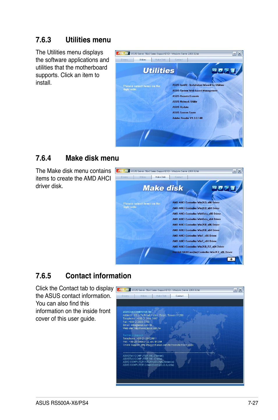 3 utilities menu, 4 make disk menu, 5 contact information | Utilities menu -27, Make disk menu -27, Contact information -27 | Asus RS500A-X6/PS4 User Manual | Page 145 / 146