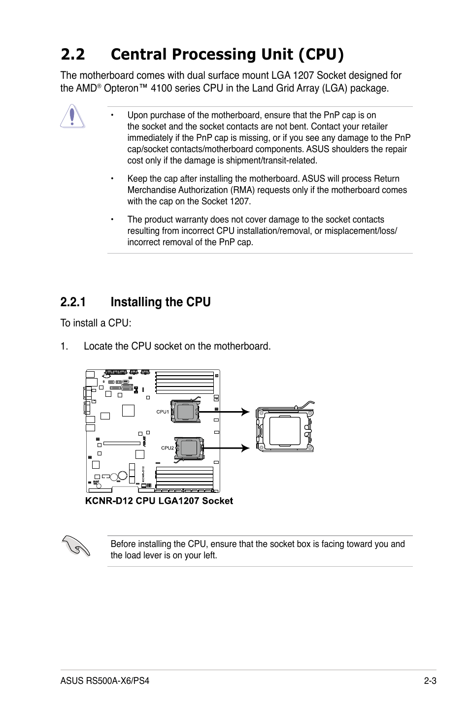 2 central processing unit (cpu), 1 installing the cpu, Central processing unit (cpu) -3 2.2.1 | Installing the cpu -3 | Asus RS500A-X6/PS4 User Manual | Page 21 / 146