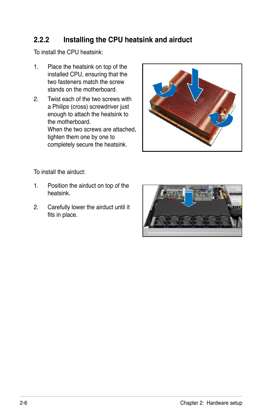 2 installing the cpu heatsink and airduct, Installing the cpu heatsink and airduct -6 | Asus RS500A-X6/PS4 User Manual | Page 24 / 146