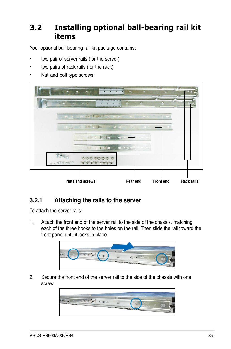 2 installing optional ball-bearing rail kit items, 1 attaching the rails to the server, Attaching the rails to the server -5 | 2 installing optional ball-bearing rail kit items | Asus RS500A-X6/PS4 User Manual | Page 45 / 146