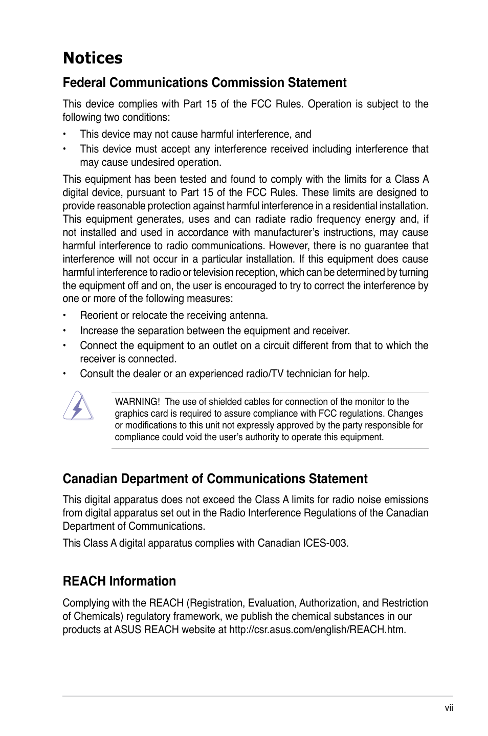 Notices, Federal communications commission statement, Canadian department of communications statement | Reach information | Asus RS500A-X6/PS4 User Manual | Page 7 / 146
