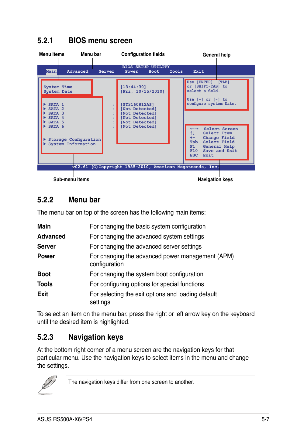 1 bios menu screen, 2 menu bar, 3 navigation keys | Bios menu screen -7, Menu bar -7, Navigation keys -7 | Asus RS500A-X6/PS4 User Manual | Page 71 / 146