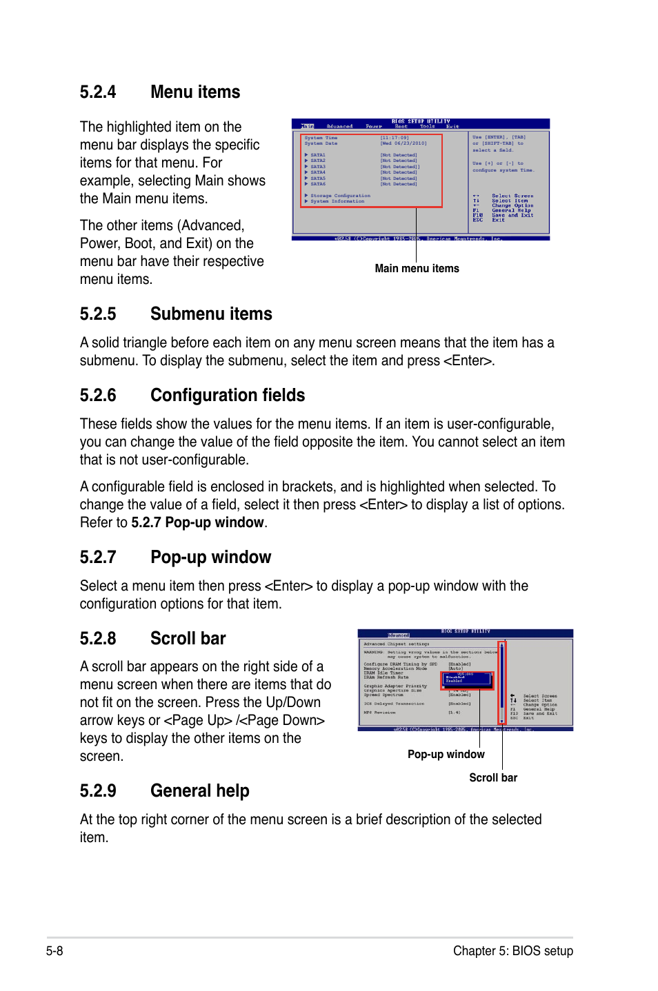 4 menu items, 5 submenu items, 6 configuration fields | 7 pop-up window, 8 scroll bar, 9 general help, Menu items -8, Submenu items -8, Configuration fields -8, Pop-up window -8 | Asus RS500A-X6/PS4 User Manual | Page 72 / 146