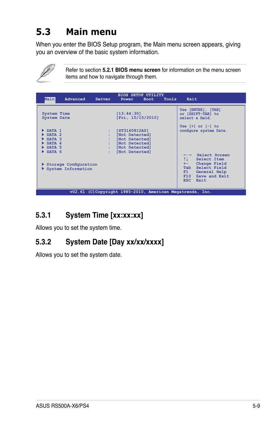 3 main menu, 1 system time [xx:xx:xx, 2 system date [day xx/xx/xxxx | Main menu -9 5.3.1, System time [xx:xx:xx] -9, System date [day xx/xx/xxxx] -9, Allows you to set the system time, Allows you to set the system date | Asus RS500A-X6/PS4 User Manual | Page 73 / 146