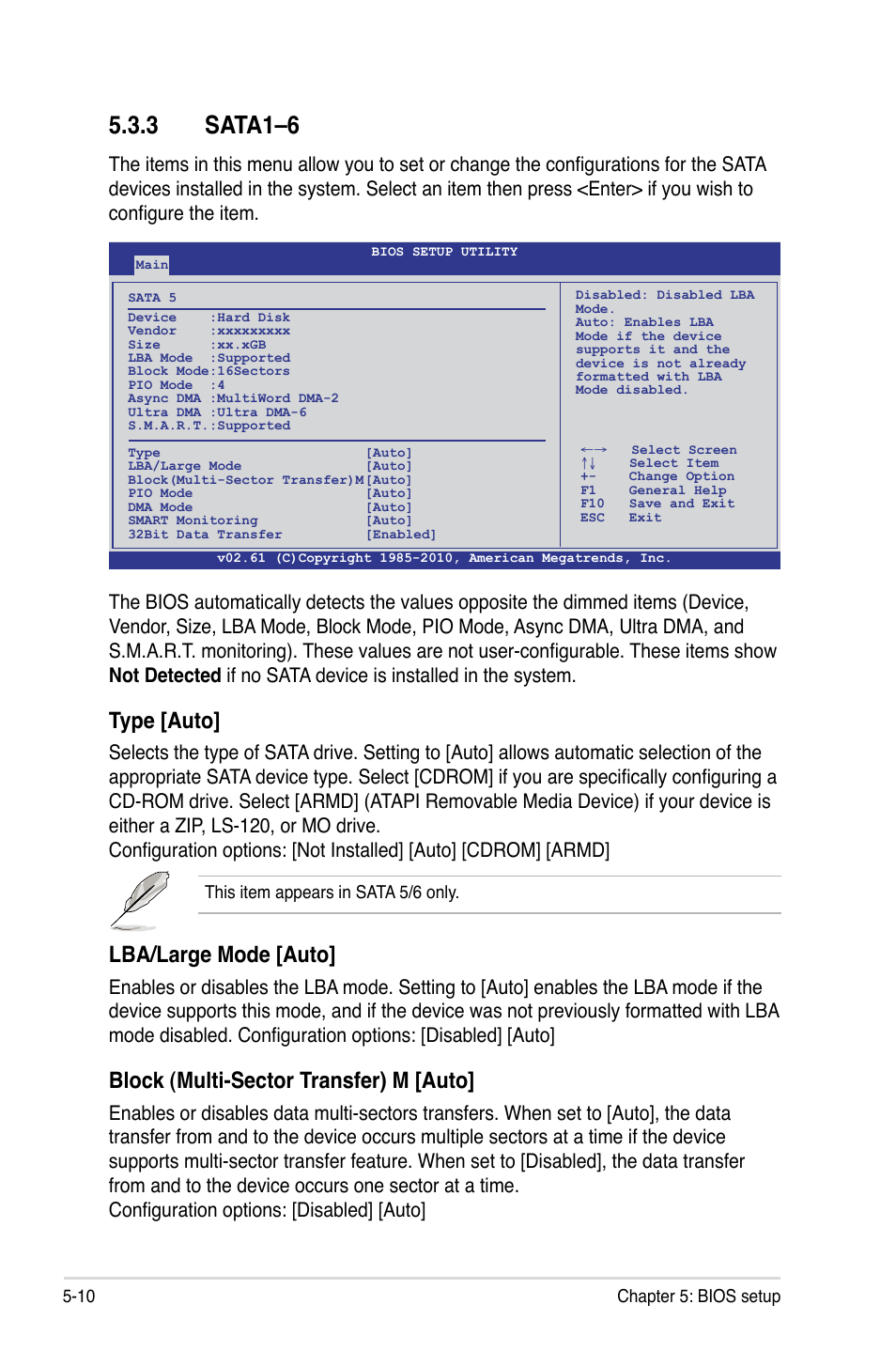 3 sata1–6, Sata1–6 -10, Type [auto | Lba/large mode [auto, Block (multi-sector transfer) m [auto | Asus RS500A-X6/PS4 User Manual | Page 74 / 146