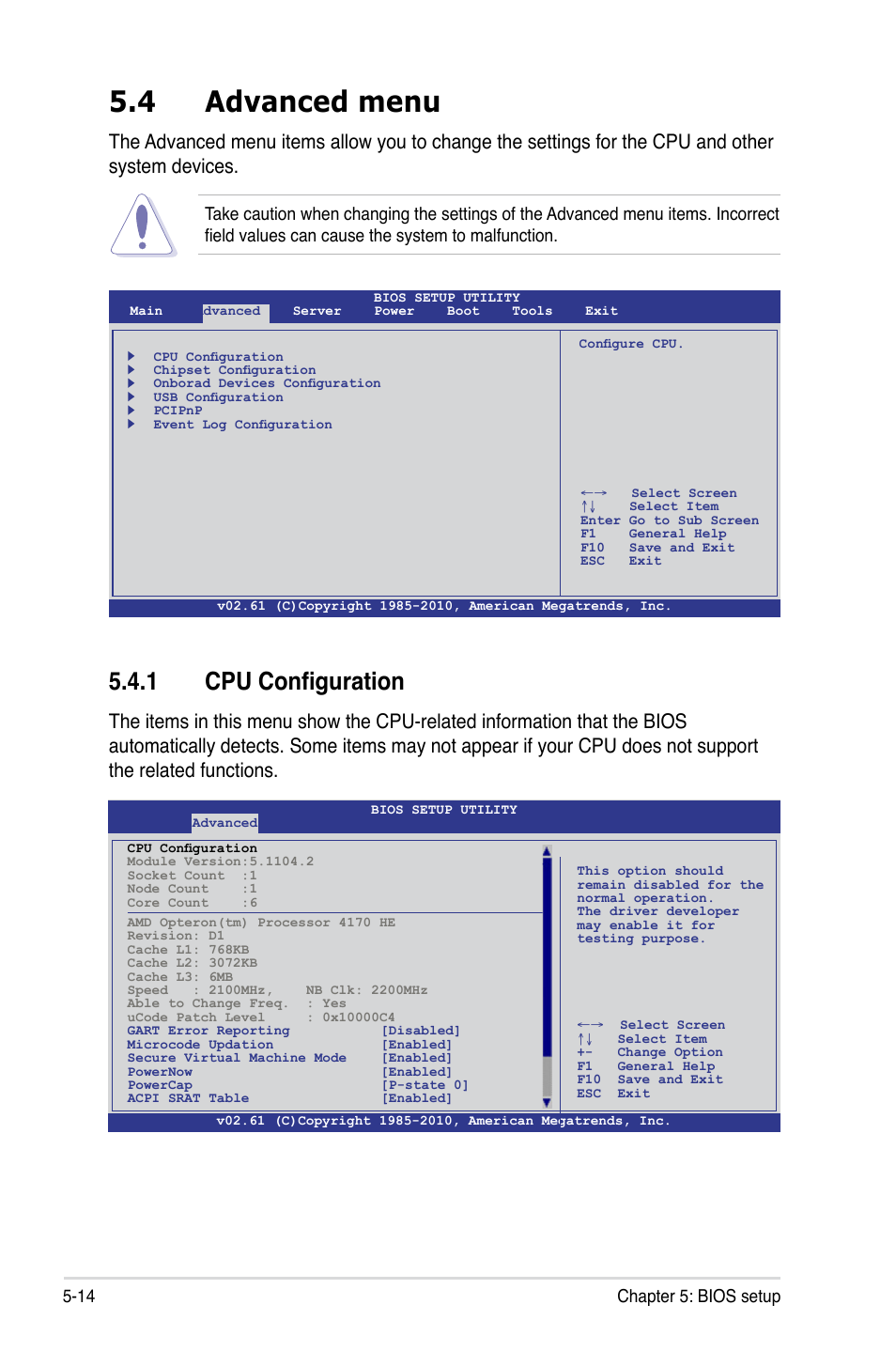 4 advanced menu, 1 cpu configuration, Advanced menu -14 5.4.1 | Cpu configuration -14, 14 chapter 5: bios setup | Asus RS500A-X6/PS4 User Manual | Page 78 / 146