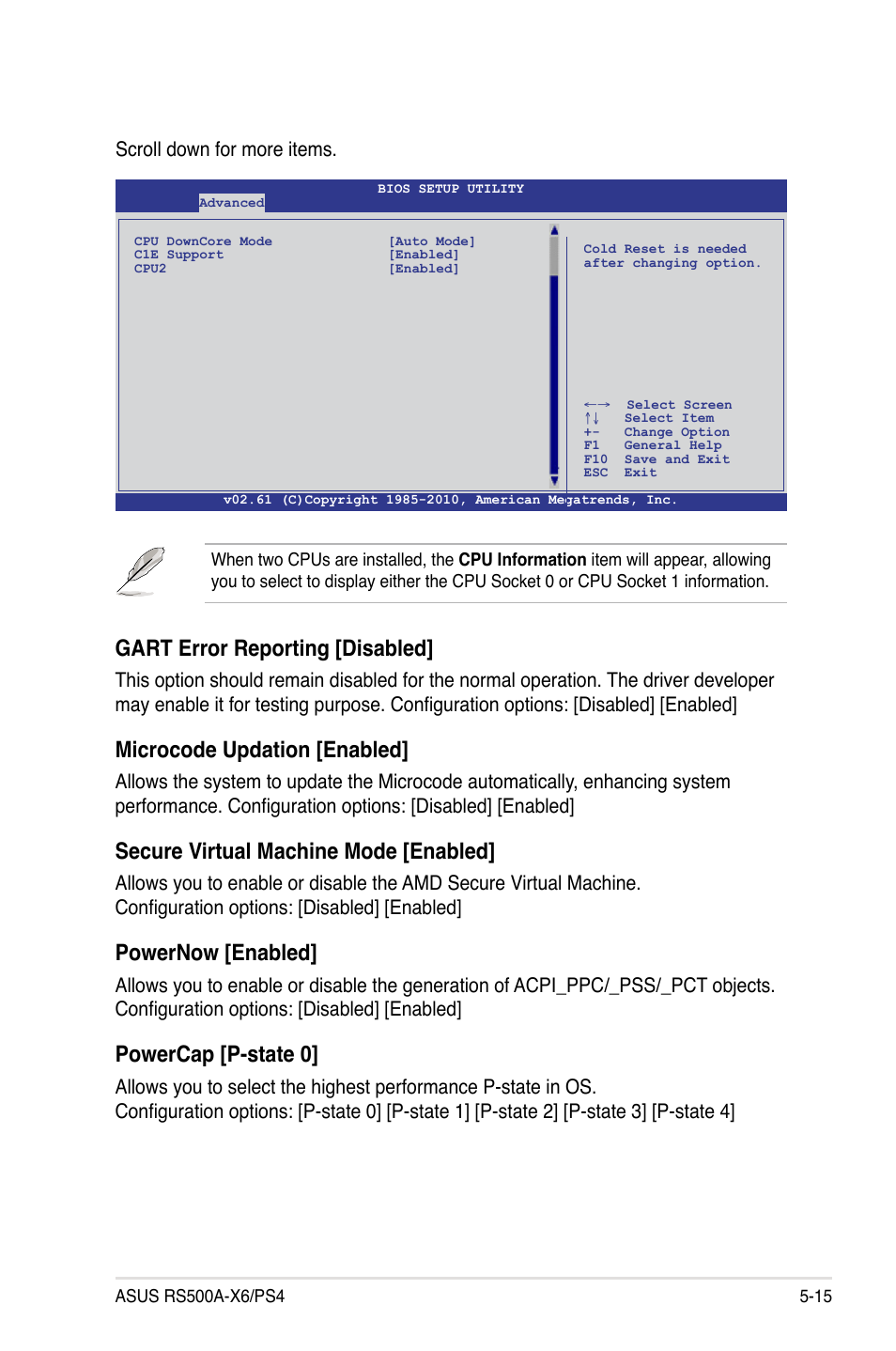 Gart error reporting [disabled, Microcode updation [enabled, Secure virtual machine mode [enabled | Powernow [enabled, Powercap [p-state 0 | Asus RS500A-X6/PS4 User Manual | Page 79 / 146
