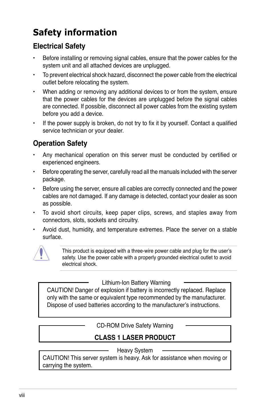 Safety information, Electrical safety, Operation safety | Asus RS500A-X6/PS4 User Manual | Page 8 / 146