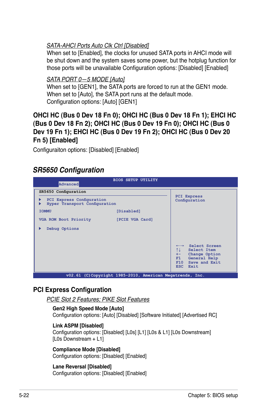 Sr5650 configuration, Pci express configuration, Pcie slot 2 features; pike slot features | Configuraiton options: [disabled] [enabled | Asus RS500A-X6/PS4 User Manual | Page 86 / 146