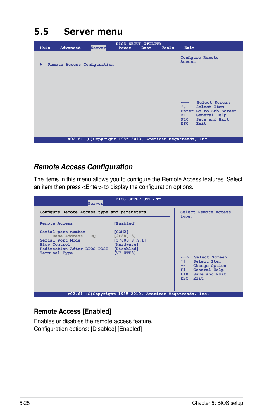 5 server menu, Server menu -28, Remote access configuration | Remote access [enabled, 28 chapter 5: bios setup | Asus RS500A-X6/PS4 User Manual | Page 92 / 146