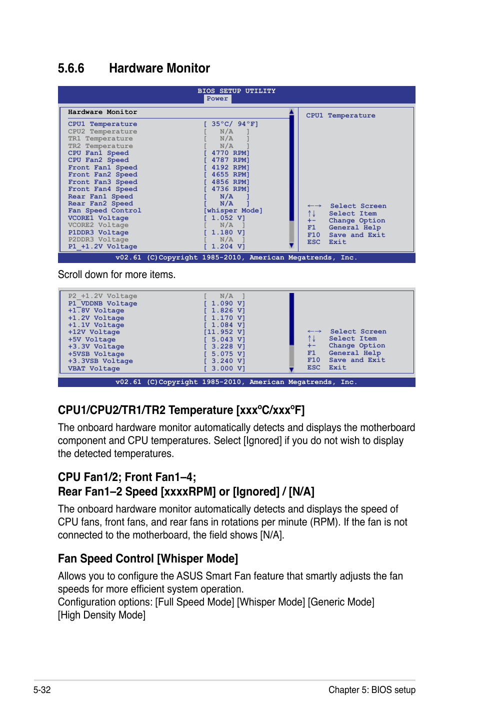 6 hardware monitor, Hardware monitor -32, Cpu1/cpu2/tr1/tr2 temperature [xxxºc/xxxºf | Fan speed control [whisper mode, Scroll down for more items, 32 chapter 5: bios setup | Asus RS500A-X6/PS4 User Manual | Page 96 / 146