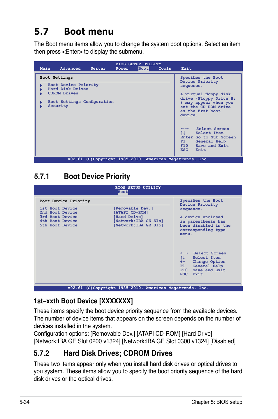7 boot menu, 1 boot device priority, 2 hard disk drives; cdrom drives | Boot menu -34 5.7.1, Boot device priority -34, Hard disk drives; cdrom drives -34 | Asus RS500A-X6/PS4 User Manual | Page 98 / 146