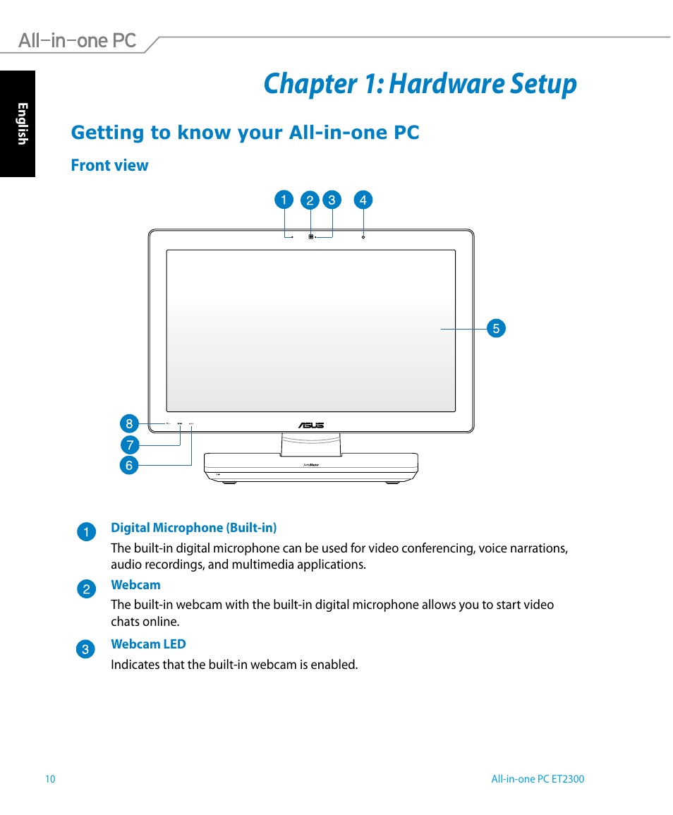 Chapter 1: hardware setup, Getting to know your all-in-one pc, Front view | Chapter 1, Hardware setup | Asus ET2300IUTI User Manual | Page 10 / 56