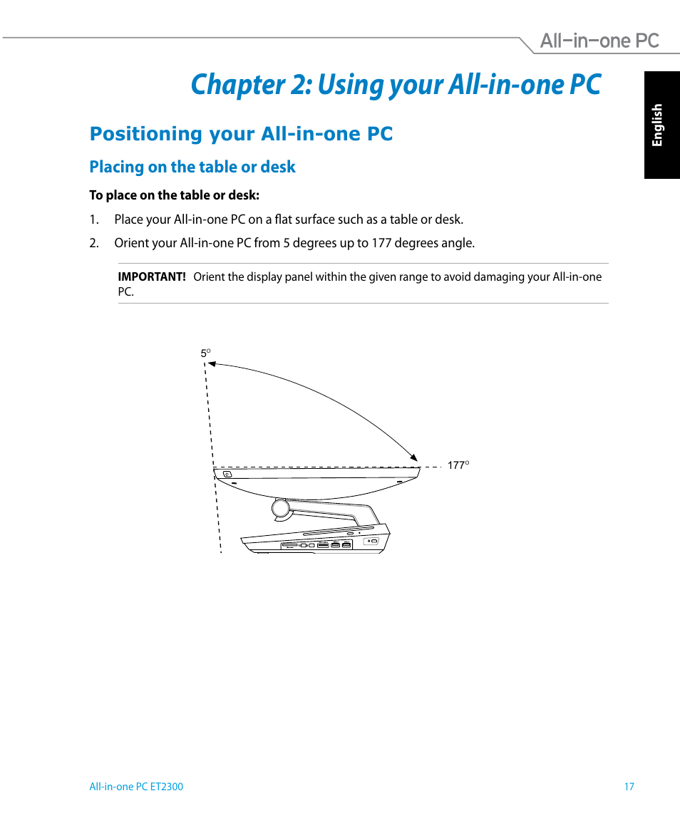 Chapter 2: using your all-in-one pc, Positioning your all-in-one pc, Placing on the table or desk | Chapter 2, Using your all-in-one pc | Asus ET2300IUTI User Manual | Page 17 / 56