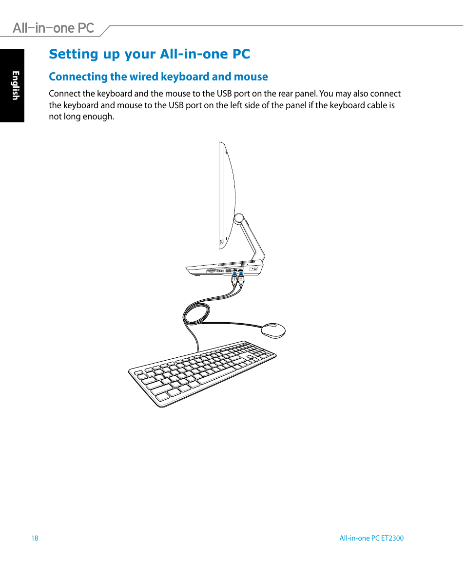 Setting up your all-in-one pc, Connecting the wired keyboard and mouse | Asus ET2300IUTI User Manual | Page 18 / 56