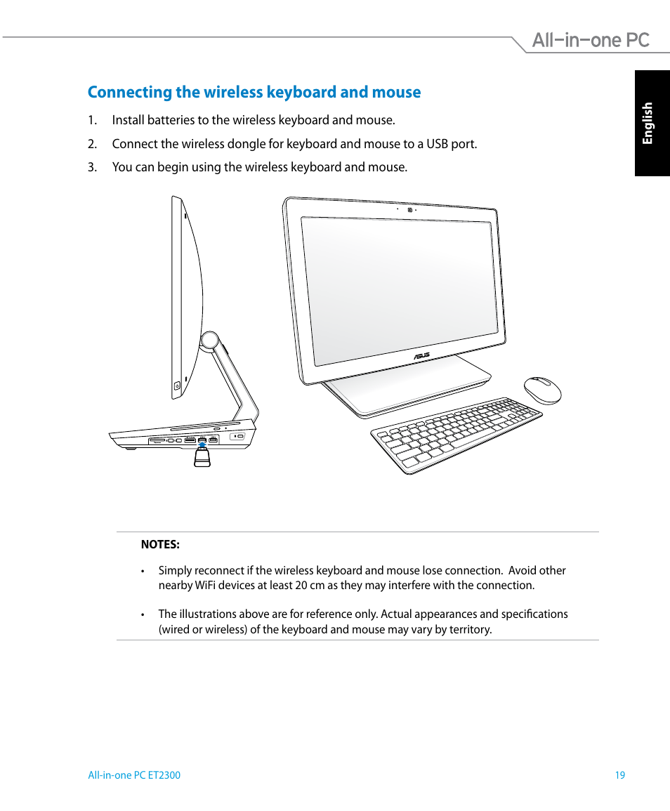 Connecting the wireless keyboard and mouse | Asus ET2300IUTI User Manual | Page 19 / 56