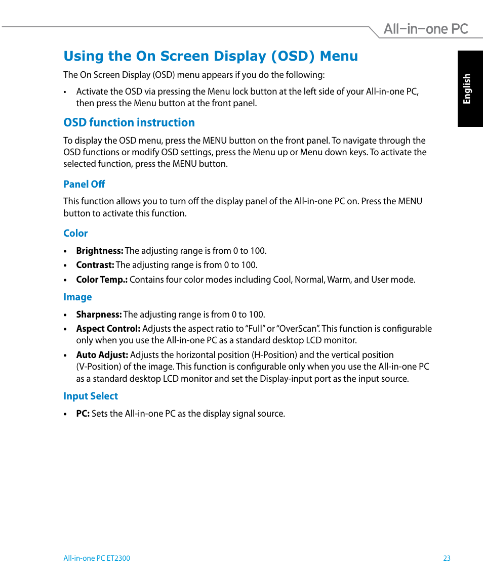 Using the on screen display (osd) menu, Osd function instruction | Asus ET2300IUTI User Manual | Page 23 / 56