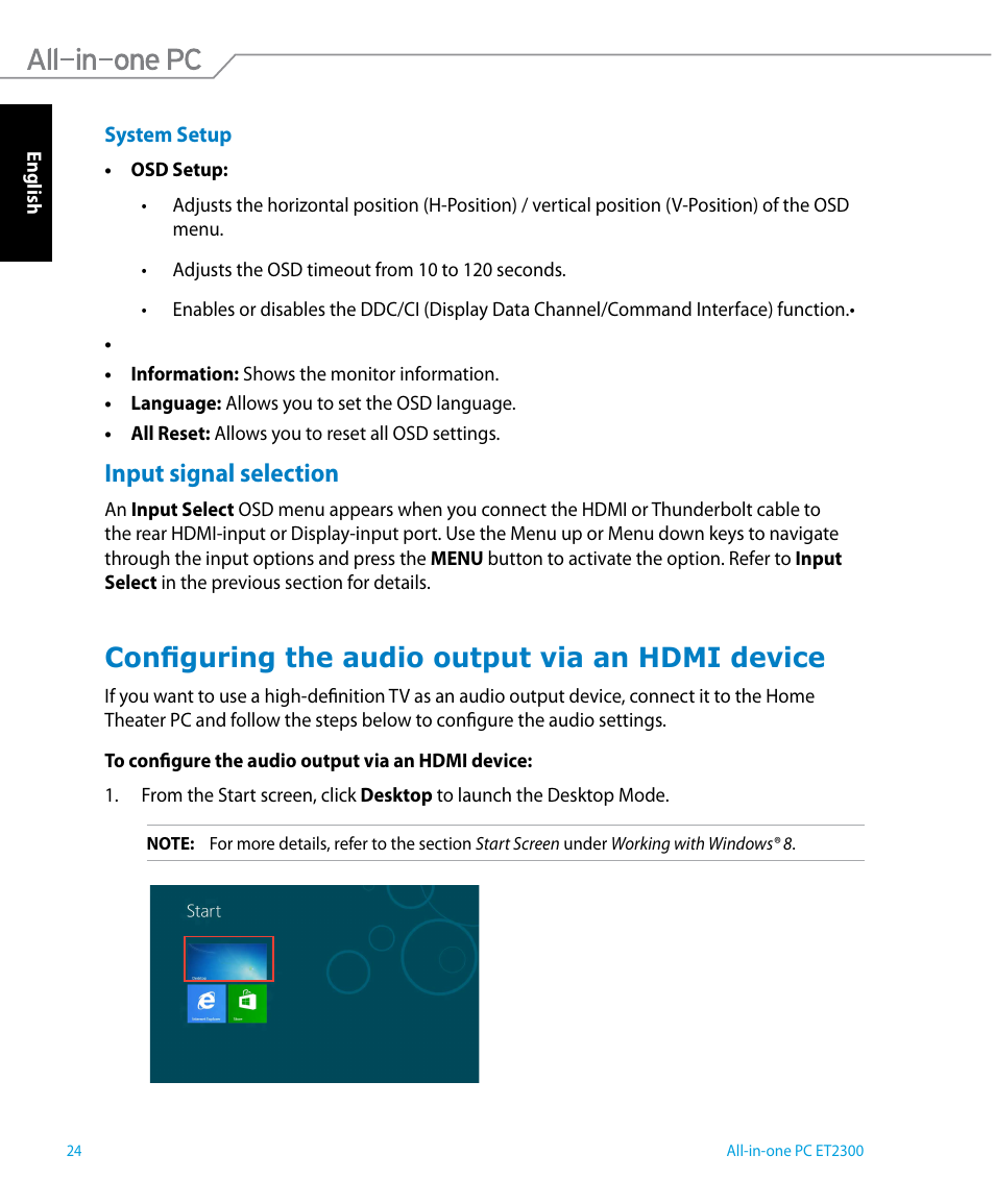 Input signal selection, Configuring the audio output via an hdmi device | Asus ET2300IUTI User Manual | Page 24 / 56