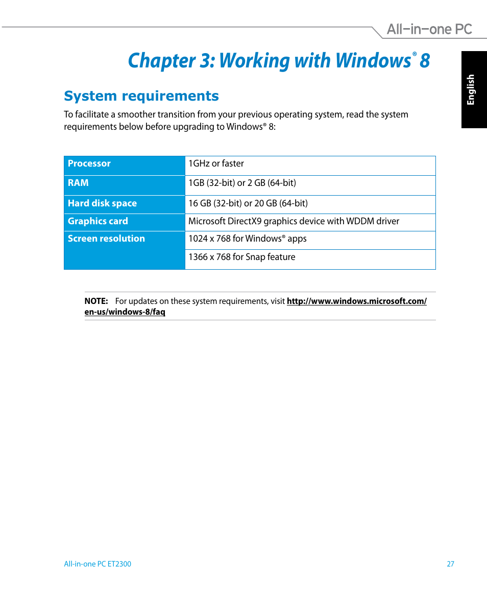 Chapter 3: working with windows® 8, System requirements, Chapter 3 | Working with windows, Chapter 3: working with windows | Asus ET2300IUTI User Manual | Page 27 / 56