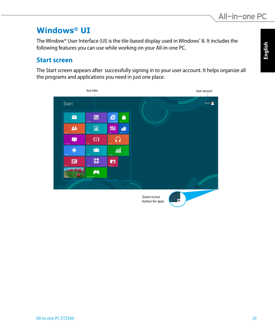 Windows® ui, Start screen, Windows | Asus ET2300IUTI User Manual | Page 29 / 56