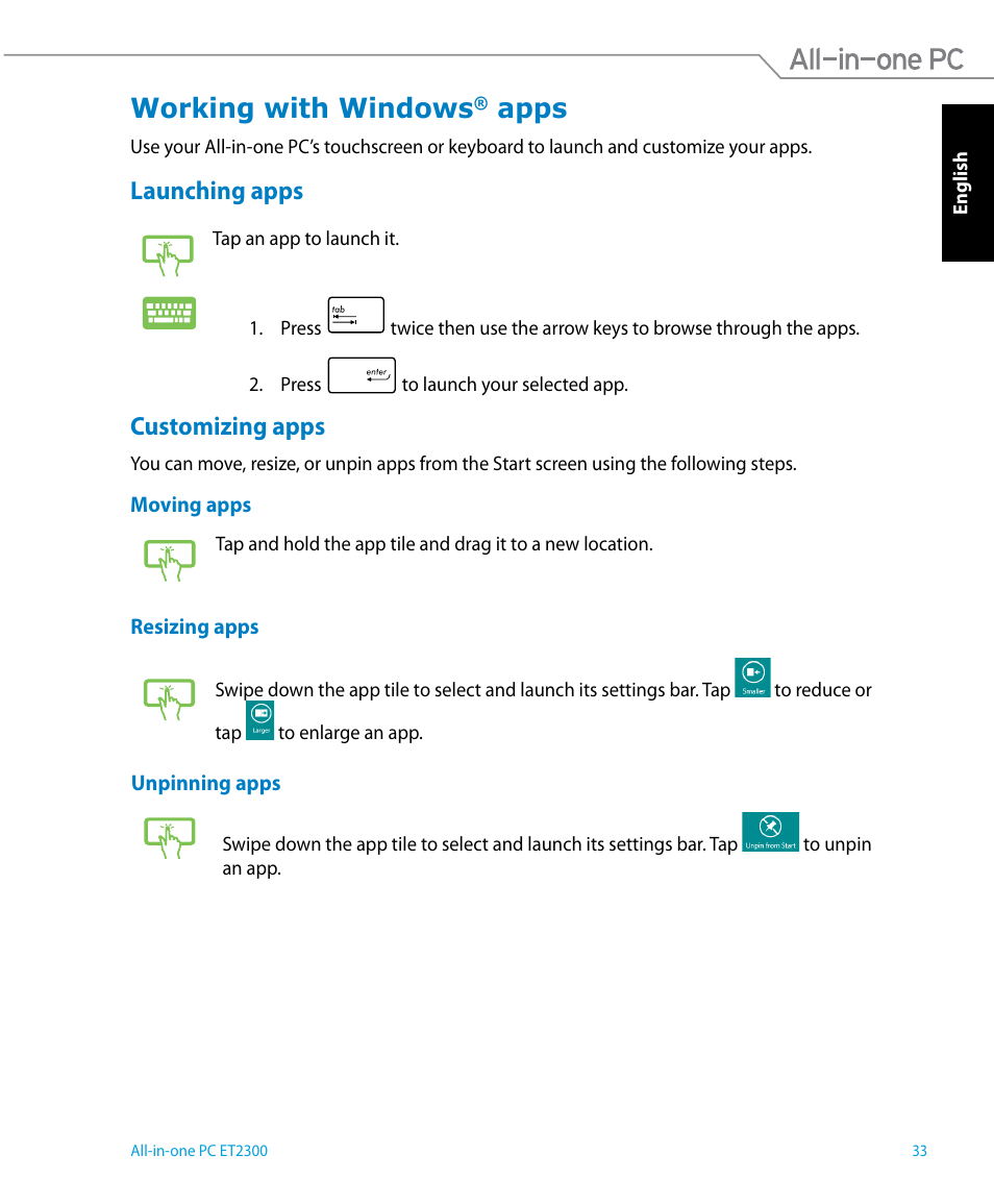 Working with windows® apps, Launching apps, Customizing apps | Working with windows, Apps | Asus ET2300IUTI User Manual | Page 33 / 56