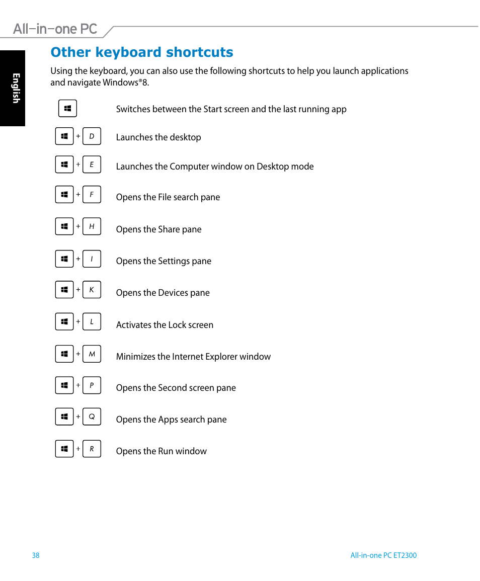 Other keyboard shortcuts | Asus ET2300IUTI User Manual | Page 38 / 56