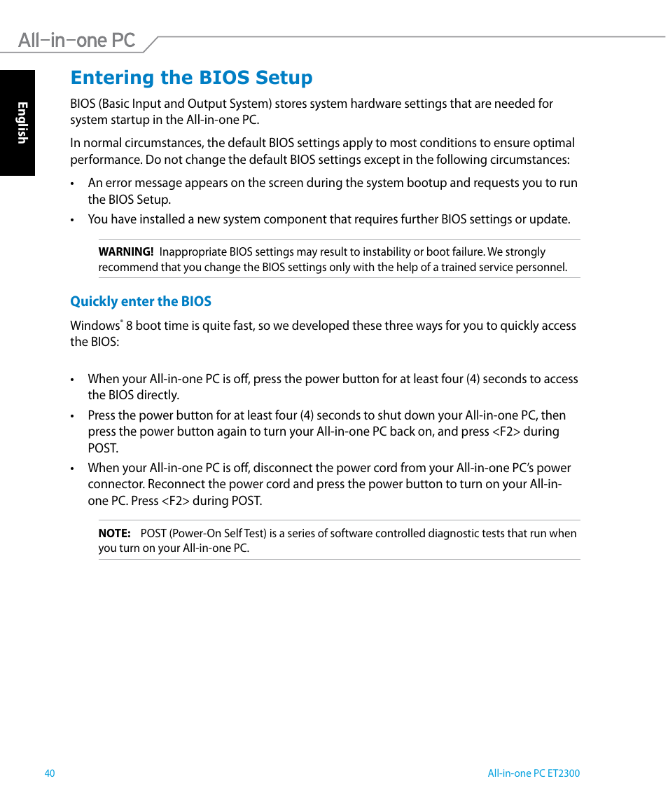 Entering the bios setup | Asus ET2300IUTI User Manual | Page 40 / 56