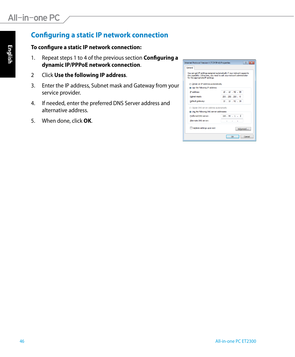 Configuring a static ip network connection | Asus ET2300IUTI User Manual | Page 46 / 56