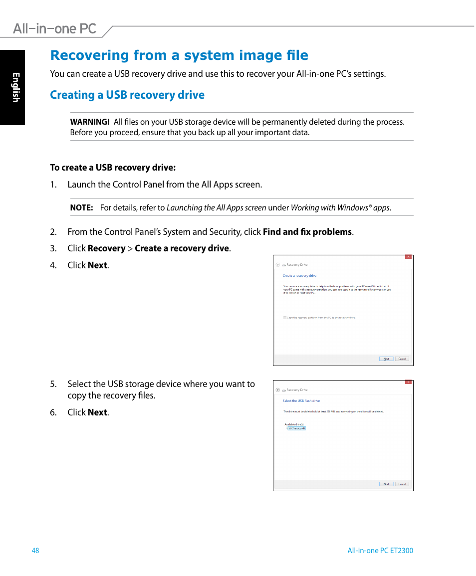 Recovering from a system image file, Creating a usb recovery drive | Asus ET2300IUTI User Manual | Page 48 / 56