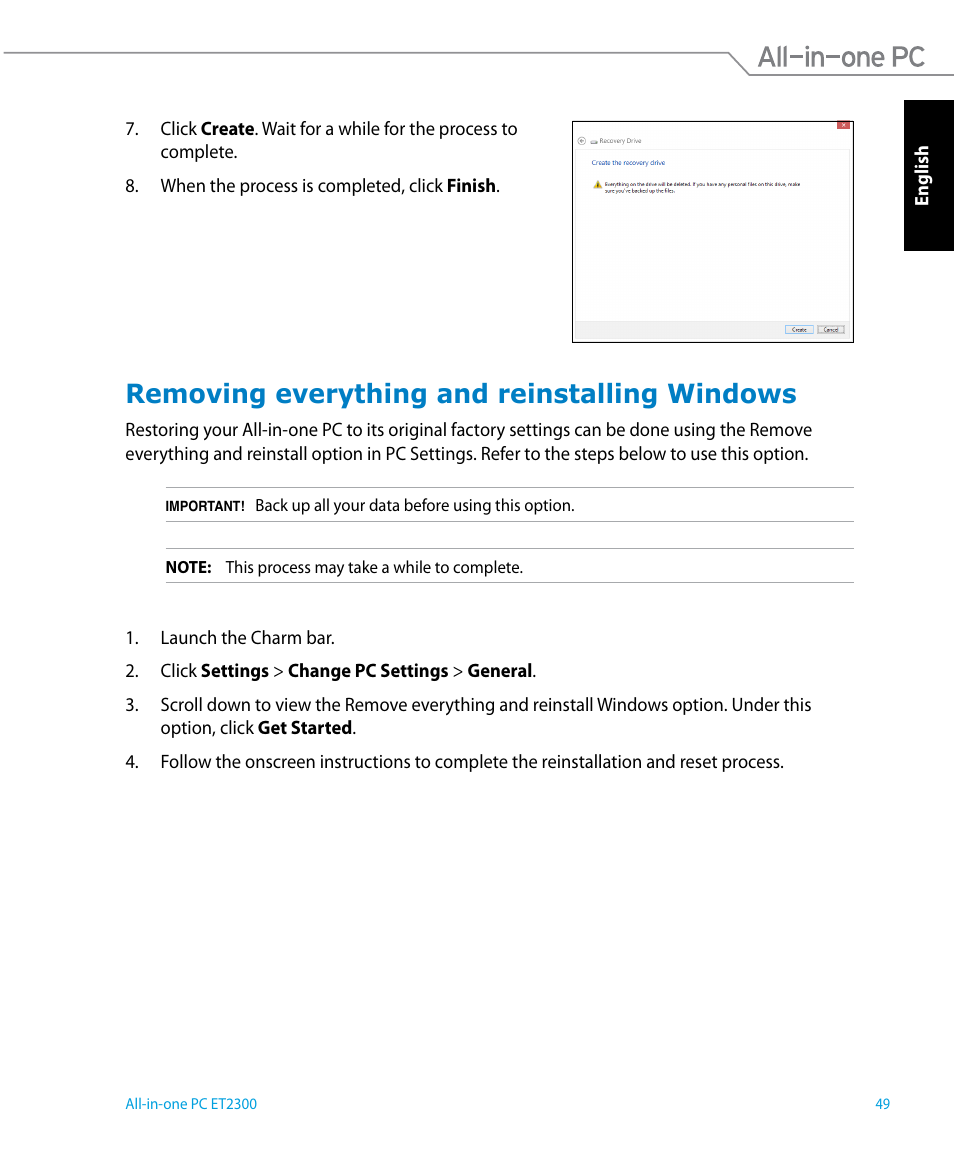 Removing everything and reinstalling windows | Asus ET2300IUTI User Manual | Page 49 / 56