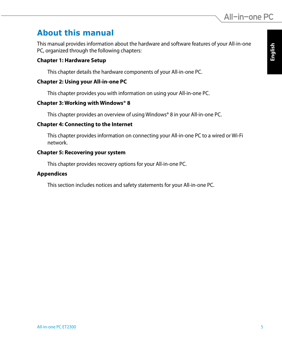 About this manual | Asus ET2300IUTI User Manual | Page 5 / 56